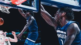 ▲「選秀狀元」艾德渥斯（Anthony Edwards）灌籃後頭撞到籃板下緣。（圖／翻攝自灰狼推特）