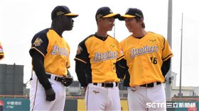 中信兄弟二軍外籍教練威爾森和助理教練周思齊談話。（圖／記者王怡翔攝影）