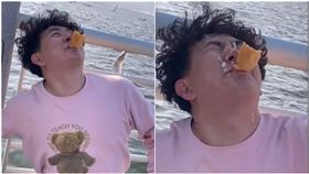 「嘴咬麵包」餵海鷗　蠢男下秒遭鳥糞洗臉！網嗨：大吃一斤（圖／翻攝自阿糞青的微博）