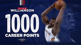 ▲生涯44場得1000分，威廉森（Zion Williamson）史上最快。（圖／翻攝自鵜鶘推特）