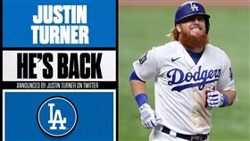 Justin Turner重新回到道奇隊。（圖／翻攝自大聯盟推特）