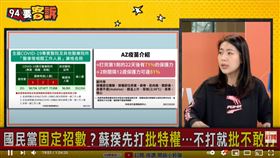 國民黨台北市議員徐巧芯在《94要客訴》中點名3首長該優先施打疫苗提振醫護信心