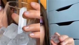 抖音吹起「冰塊挑戰」風潮，但專家卻警告，這麼做很傷身。（圖／翻攝自tessie抖音） 