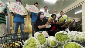 分散風險  台東鳳梨釋迦前進杜拜台東鳳梨釋迦主要市場在中國，為分散風險，台東地區農會積極擴展市場，17日首批鳳梨釋迦運送杜拜，台東縣長饒慶鈴（前排中）等人前往送行。中央社記者盧太城台東攝  110年3月17日
