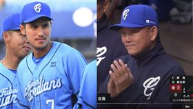 ▲陳真敲出生涯首轟，總教練洪一中拍手。（圖／記者王怡翔攝影、翻攝自CPBL TV）