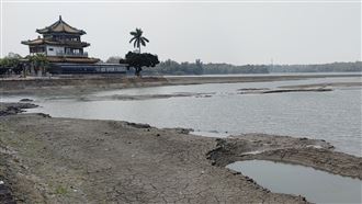 直擊！高雄澄清湖沙洲浮現乾涸見底