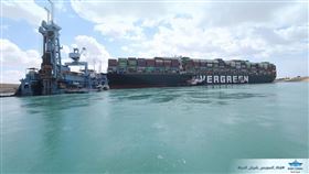 台灣長榮海運的長賜輪擱淺，導致全球最繁忙的水道之一蘇伊士運河中斷航運。（圖／翻攝自facebook.com/SuezCanalAuthorityEG）
