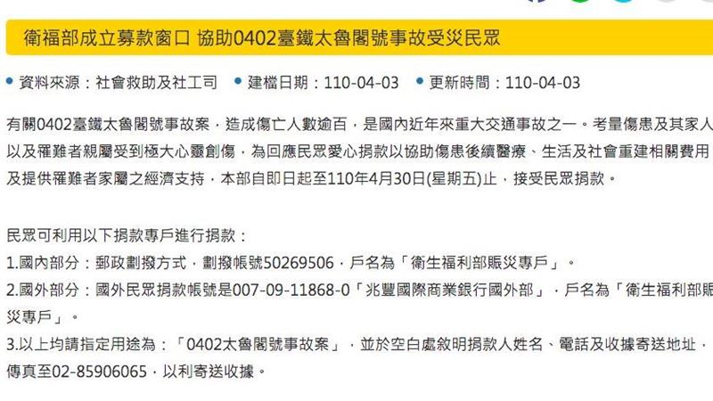 太魯閣號釀51死　衛福部籲民眾捐款