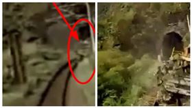 ▲太魯閣號出仁和隧道，還看不到工程車。軌道非完全直線，自行車紀錄器畫面可看到列車微幅右彎。列車看到樹叢後方的工程車。約7秒時間列車撞上工程車。（圖／翻攝畫面）