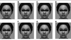 陽交大與北榮研究團隊以一名成員臉型拍照，修改成8種不同收斂度的臉形後進行調查。（圖／北榮提供）