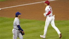 ▲對決有原航平，大谷翔平差點開轟。（圖／美聯社／達志影像）