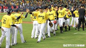 ▲中信兄弟7：5擊敗味全龍，球員賽後慶祝勝利。（圖／記者劉彥池攝影）