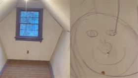 瑪莉進入閣樓後，發現牆上滿滿都是兒童塗鴉。（圖／翻攝自瑪莉抖音）