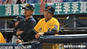 中信兄弟總教練林威助抗議止滑粉。（圖／記者王怡翔攝影）