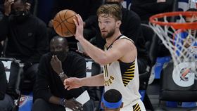 ▲沙波尼斯（Domantas Sabonis）上半場打完拿下「大三元」。（圖／美聯社／達志影像）