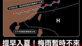臉書氣象粉專「台灣颱風論壇｜天氣特急」昨（12）天製作了一張圖上面寫著「提早入夏！梅雨暫時不來」（圖／翻攝自台灣颱風論壇｜天氣特急）