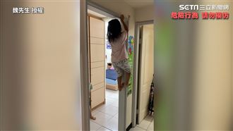 防疫停課第一天　女兒學無尾熊爬門框