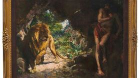 ▲徐悲鴻的油畫《奴隸與獅》，張大千的潑彩畫作《碧峰古寺》。（圖／取自香港佳士得網站）