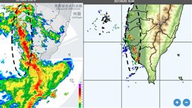 圖：昨(5)日16時中央氣象局林園雷達回波合成圖顯示，有線狀回波(左圖)，伴隨閃電(右圖)，從海峽南部移入西南部，是為「颮線」(squall line)，屬「中尺度對流系統」。

