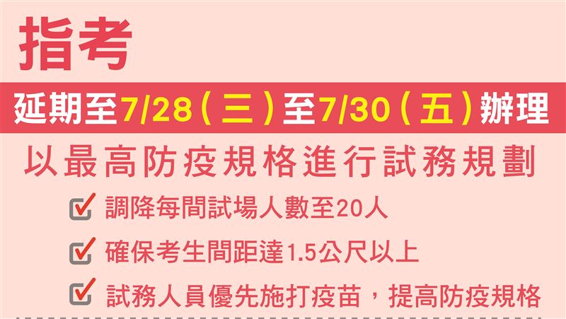 三級再延兩週　大學指考延至7/28