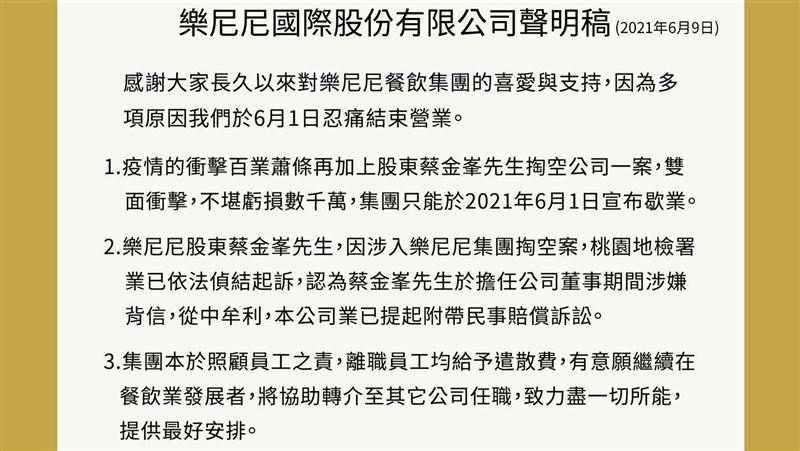 新／遭惡意掏空　樂尼尼餐飲集團倒閉