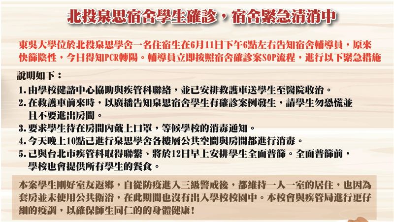 東吳大學宿舍1生確診　今早進行普篩