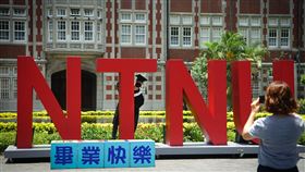 疫情下的畢業季（1）國內武漢肺炎（COVID-19，2019冠狀病毒疾病）疫情延燒，許多學校畢業典禮受到影響，改成線上舉辦。台灣師範大學日前舉行線上畢業典禮，20日一名畢業生穿著學士服戴上口罩，在家長陪同下到校園內留影紀念。中央社記者王騰毅攝　110年6月20日