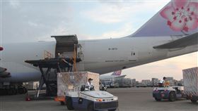 負壓隔離艙抵台（2）前交通部長林佳龍募資購入負壓隔離艙，首批10日以華航CI6705貨機裝載，下午約4時從日本起飛，晚間6時2分運抵桃園機場，停放在507機坪，由地勤人員進行卸載，隨後拖至華儲公司進行後續查驗與組裝。中央社記者葉臻攝  110年6月10日