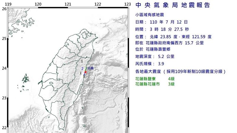 花蓮凌晨地震規模3.9　震度4級