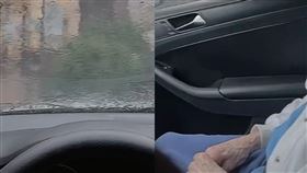 凱文在雨中匆忙上車，開到一半發現旁邊不是自己的阿嬤，才驚覺開錯車。（圖／翻攝自凱文抖音） 