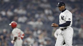 ▲查普曼（Aroldis Chapman）挨陽春砲，但成功守下洋基勝利。（圖／美聯社／達志影像）