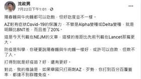 醫師沈政男認為，AZ疫苗在變種病毒保護力上的確比BNT差。（圖／翻攝自沈政男臉書）