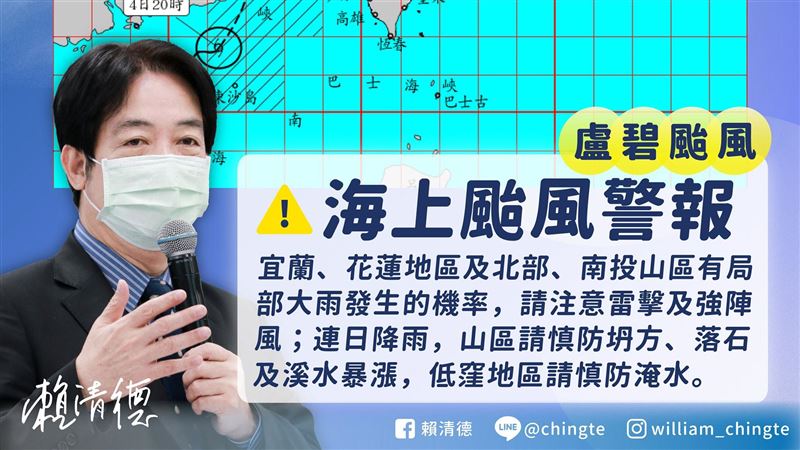 盧碧颱風恐致災降雨　賴清德8字提醒