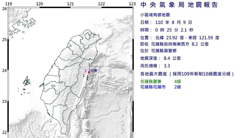 花蓮地震規模3.3　最大震度4級