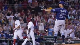 ▲光芒捕手米希亞（Francisco Mejia）慘挨3分砲。（圖／美聯社／達志影像）