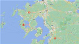 截至13日上午的48小時，日本長崎縣雲仙市累積雨量超過700毫米、島原市超過530毫米，熊本縣天草市超過480毫米，都創下當地新高紀錄。雲仙市則發生1死2失聯的土石崩塌事故。（圖／翻攝自google map）