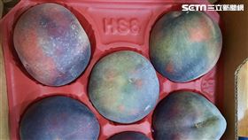 一位盧小姐於好市多買了一盒水蜜桃，賣相不像大眾認知的粉色系，反倒是黑一塊紫一塊。（圖／盧小姐授權提供）