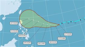 ▲中央氣象局資料顯示，關島東方的熱帶低壓將逐漸發展為颱風「奧麥斯」。（圖／中央氣象局）