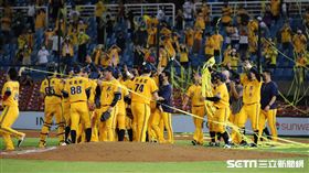 中信兄弟拋下封王黃色彩帶。（圖／記者劉彥池攝影)