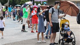 疫情降級　北市動物園重新開園全國疫情警戒降為2級，台北市立動物園1日起降載解封，入園採預約制，許多家長一早就帶著小孩排隊等待入園。有家長笑說，很開心終於有地方可以「遛小孩」。中央社記者鄭清元攝  110年8月1日