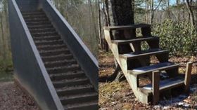 潔西警告，森林深處出現的怪異樓梯千萬別爬，否則很可能「回不來」。 （圖／翻攝自潔西抖音）