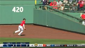 ▲紅襪中外野手韋杜戈（Alex Verdugo）被太陽影響漏接飛球。（圖／翻攝自光芒推特）