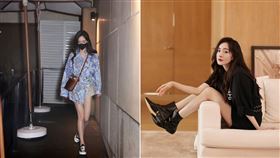 楊冪身穿印畫圖騰的短褲，露出白皙修長大腿。(圖／翻攝自楊冪微博）