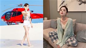 古力娜扎穿開深V的泳裝，大秀好身材。(圖／翻攝自古力娜巴微博）