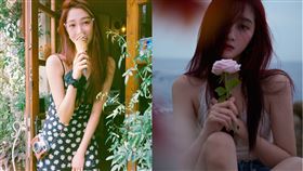 關曉彤身穿深V蕾絲後挖背背心，展現性感魅力。(圖／翻攝自關曉彤微薄）