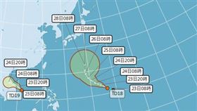 氣象局表示，目前台灣附近海面上有兩個熱帶性低氣壓TD18、TD19都會在未來一兩天內生成颱風「電母」、「蒲公英」。（圖／翻攝自氣象局）