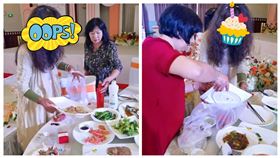 ▲中國藝人李勤勤被拍到在婚宴上，逐盤打包剩菜，挨酸帶回去給狗吃。不過不少網友力挺，認為本來就不應該浪費食物。（圖／翻攝自微博）