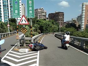 ▲新北市重新橋發生一起車禍，77歲老翁騎乘機車，自撞分隔島翻落10公尺高橋下死亡。（圖／翻攝畫面）