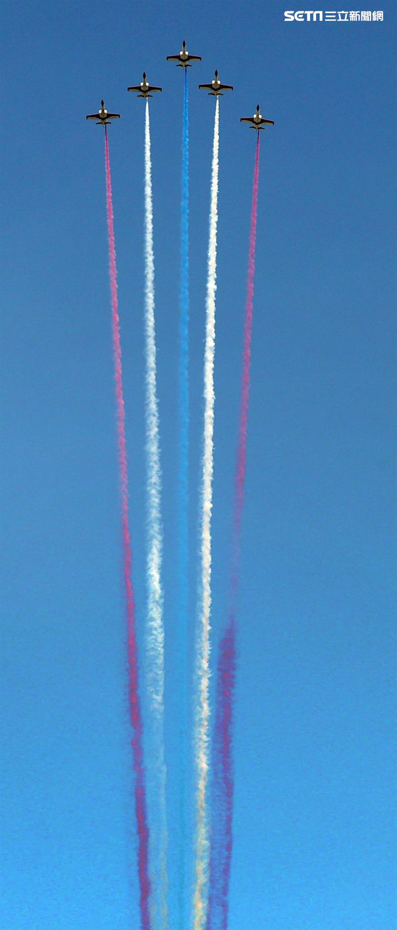 雷虎特技小組大雁隊型衝過總統府上空。（記者邱榮吉/攝影）