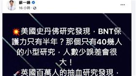 對於BNT保護力僅6個月？北市聯醫胸腔科醫師蘇一峰表示，此為小型研究，恐有誤差。（圖／翻攝自蘇一峰SUVY臉書）